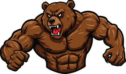 Cartoon muscular bear character illustration, strong animal mascot design, aggressive bodybuilding artwork, fierce wild creature drawing, powerful vector logo art