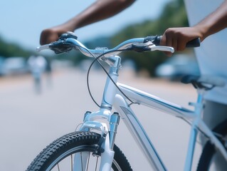 African American man holding a white bicycle with a blurred background of trees and road, showcasing a moment of leisure and outdoor activity in a vibrant environment