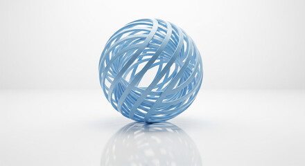 Fototapeta premium A light blue sphere made of intertwined lines sits on a white surface, casting a soft reflection, isolated on white background