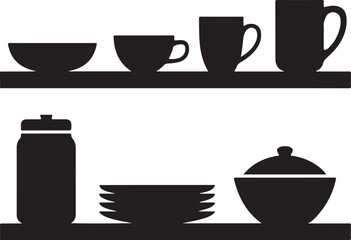 Kitchen Shelf Display Silhouette Cups Plates Jar Bowl Icon Set