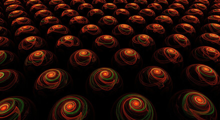 Abstract fractal background with a pattern of glowing spirals in shades of orange, red, and green creating a mesmerizing and dynamic visual effect