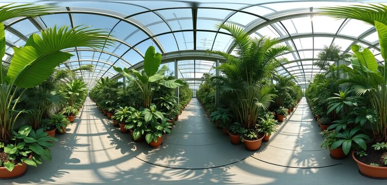 Indoor botanical garden filled with various lush green potted plants. Sunlight streams through arched glass roof creating plant shadows on walkway. Tropical foliage thrives inside conservatory.