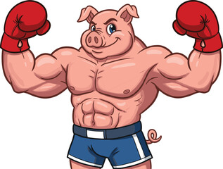 Cartoon muscular pig boxer, strong animal mascot, funny sports character, flexing pig illustration, athletic farm animal artwork, playful fitness concept design