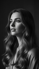 Naklejka premium Pensive woman in dramatic black and white fashion portrait, long wavy hair