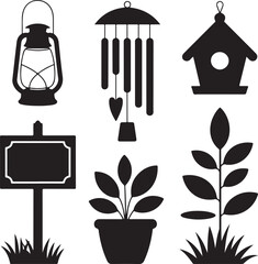 Garden Decor Silhouette Lantern Wind Chime Birdhouse Plant Stand Signboard Stepping Stones Icon Set