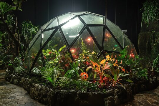 alien bio-dome filled with exotic plants and glowing insects