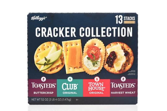 IRVINE, CALIFORNIA - 07 NOV 2025: A box of Kelloggs Cracker Collection, with Club, Town House, and Toasteds Buttercup and Harvest Wheat Crackers.