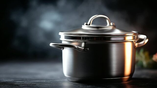 A metal cooker pot stands alone hyper realistic stainless steel with clear textures moody shadows on the surface bright saturation in metallic shine kitchen cookware metal pot