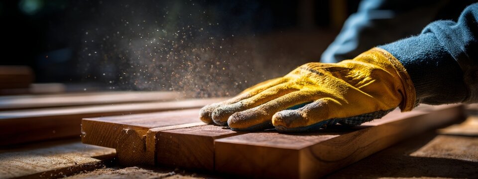 Professional worker wearing protective gloves assembling wooden furniture in bright natural daylight, ideal for themes of craftsmanship, manual labor and home improvement projects