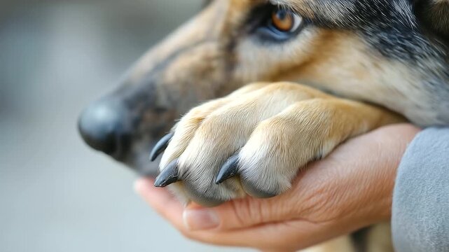 A dog&rsquo;s paw resting on owner&rsquo;s hand, macro fur and skin texture, blured background, with copy space, trust and friendship