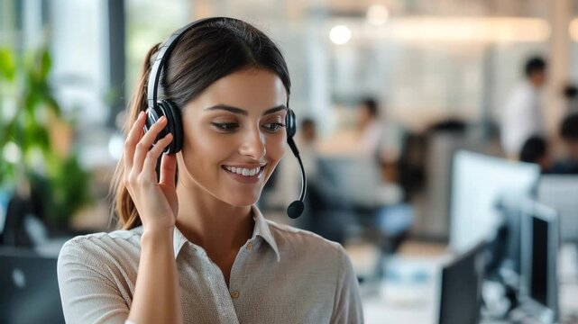 A smiling female customer service representative wearing a headset in a modern office environment.