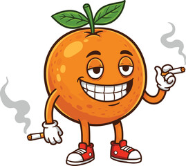 Cartoon orange fruit character illustration, funny citrus mascot design, playful anthropomorphic artwork, smiling orange drawing, humorous vector food art, sneakers style
