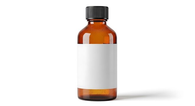 Amber glass bottle with black cap and blank white label on white background amber bottle blank label