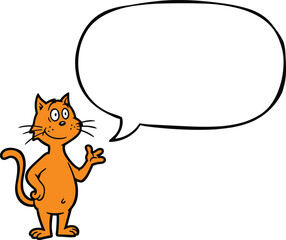 Cartoon orange cat standing upright with raised paw gesture, funny character illustration, cute animal design, children’s storybook art, playful vector