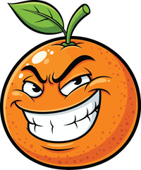 Cartoon orange fruit with funny face, mischievous smile illustration, anthropomorphic citrus artwork, comic style drawing, cad drawing flat vector illustration