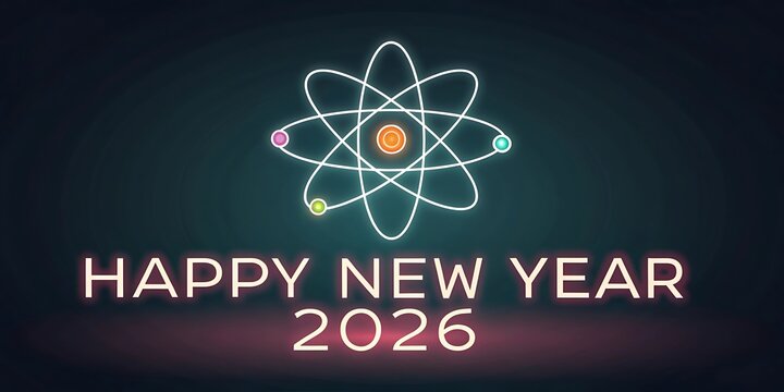 Futuristic happy new year 2026 science glowing atom design concept