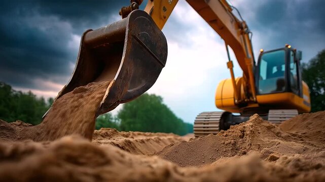 An excavator loader operates in a sandpit hyper realistic bucket details with vivid textures moody shadows on the sand bright saturation in construction equipment excavator loa