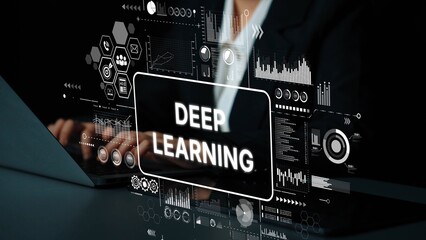 Business professional interacting with deep learning technology interface in modern workspace, showcasing data analysis and AI innovation. Asymptotic smart data analytic.