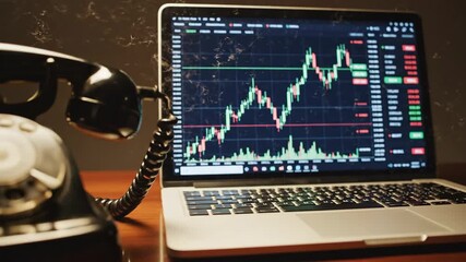 Stock Market Trading Setup with Rotary Phone - A vintage rotary dial telephone sits on a polished wooden desk next to an open laptop displaying a stock market chart with rising trends. - Powered by Adobe