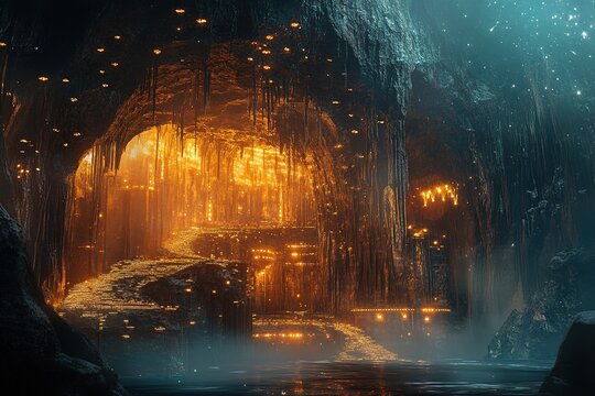 alien mining facility carved into a glowing cave system