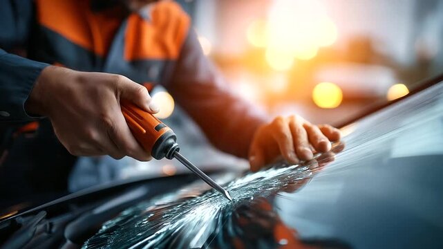 A technician repairs a windshield chip hyper realistic glass cracks with clear details moody shadows on the vehicle bright saturation in repair tools windshield repair auto