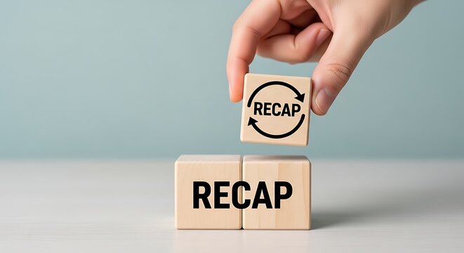 Hand placing a block with recap symbol on top of recap blocks