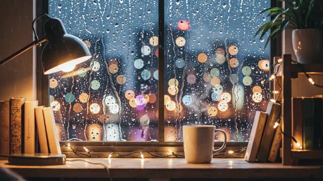 Cozy Rainy Night Scene - This video depicts a warm and inviting scene of a cozy room during a rainy night.