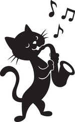 Cartoon cat playing saxophone and enjoying music silhouette vector