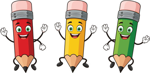 Cartoon pencils with smiling faces, colorful vector illustration, flat design, educational concept, funny anthropomorphic school supplies drawing for children learning