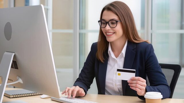 Happy young businesswoman in a modern office using a credit card to make an online payment while typing on her computer keyboard, enjoying a seamless and secure transaction experience