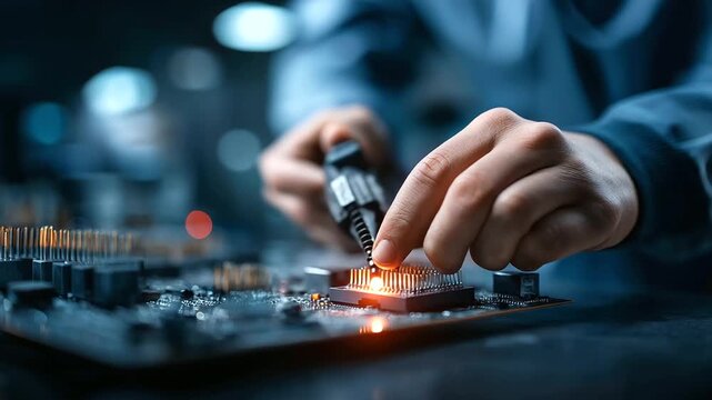 A technician manufactures a microcontroller circuit board hyper realistic PCB details with clear textures moody shadows on the workbench bright saturation in electronic