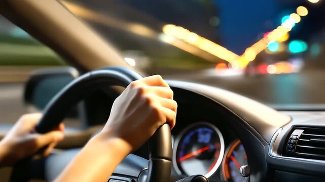 A driver&rsquo;s hand gripping steering wheel at night, macro reflection of dashboard lights, blured background, with copy space, focus and movement