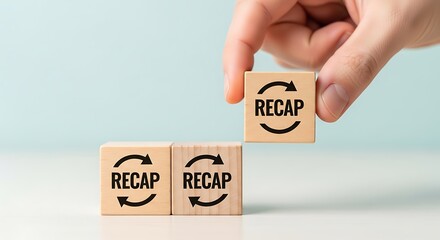 Hand placing a wooden block with the word recap and circular arrows