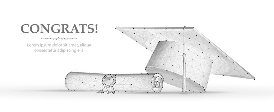 Graduation Cap with Degree on blue. Graduate student, graduation celebration, academy professor, grad school, celebrate achievement, academic reward, congratulation message, end study. Banner concept
