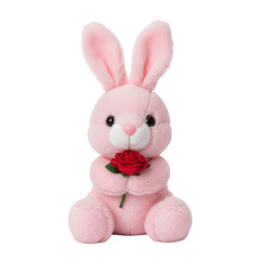 Obraz premium Adorable pink bunny plush toy holding a red rose for Valentine's Day gift isolated studio shot