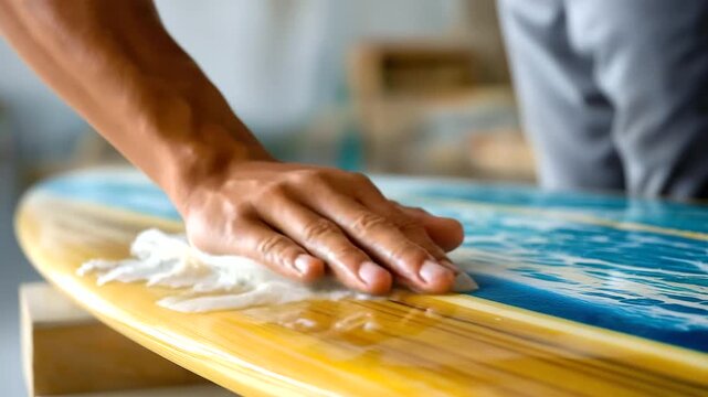 A surfer&rsquo;s waxed hand smoothing surfboard surface, macro wax texture, blured background, with copy space, preparation and calm