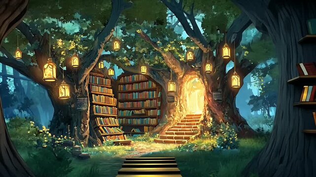 Magical Forest Library Illuminated by Lanterns with Bookshelves and Glowing Pathway