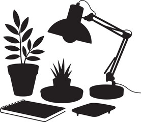 Garden-Inspired Workspace Silhouette Pot Lamp Notebook Tray Desk Icon Set
