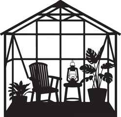 Greenhouse Corner Setup Silhouette Chair Pot Lantern Stool Icon Set