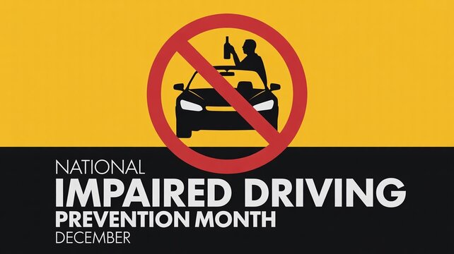 National Impaired Driving Prevention Month in December Banner with Prohibition Sign and Drunk Driving Car Icon