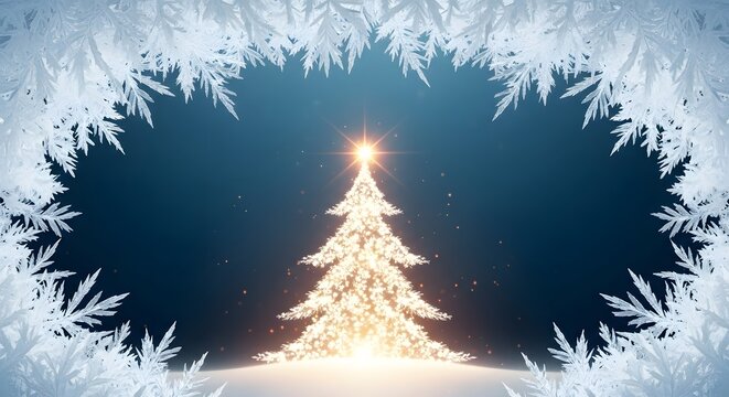 Magical glowing christmas tree illuminated with warm lights surrounded by frosty ice patterns and falling snow