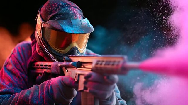 A paintball player takes a direct hit hyper realistic paint splatters with vivid colors moody shadows on the gear bright saturation in player equipment paintball game action