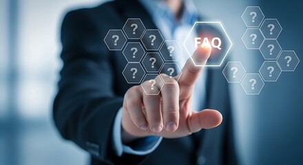 Businessman touching a glowing faq button on a futuristic interface
