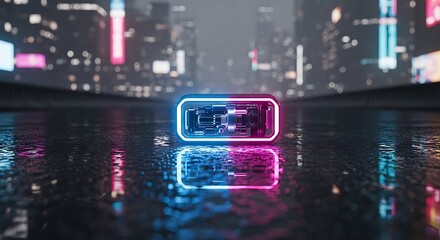 Obraz premium Futuristic device with glowing neon blue and pink edges rests on a wet reflective surface with a blurred neon city skyline in the background during a rain shower