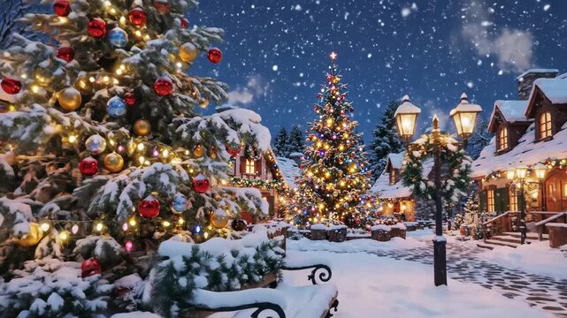 Christmas Village Scene at Night - A festive winter village scene depicts snow-covered cottages and Christmas trees illuminated with colorful lights.