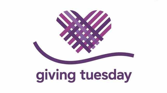 Giving Tuesday abstract heart logo created from intertwined purple lines symbolizing community connection, unified support, and global charity efforts on a white background. - Powered by Adobe