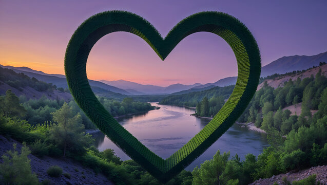 Landscape heart lake forest trees river mountains sunrise dawn serene peaceful nature outdoors scenic vibrant romantic generative AI - Powered by Adobe