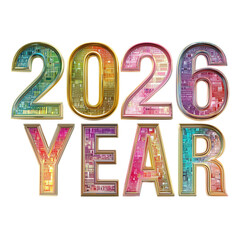 2026 year digital colorful sign isolated on a transparent background