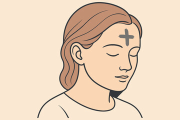 Woman with ash cross on forehead in religious observance and reflection
