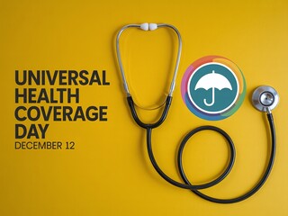 Universal Health Coverage Day December 12 graphic with a stethoscope and umbrella icon on a vibrant yellow background for healthcare and insurance campaigns